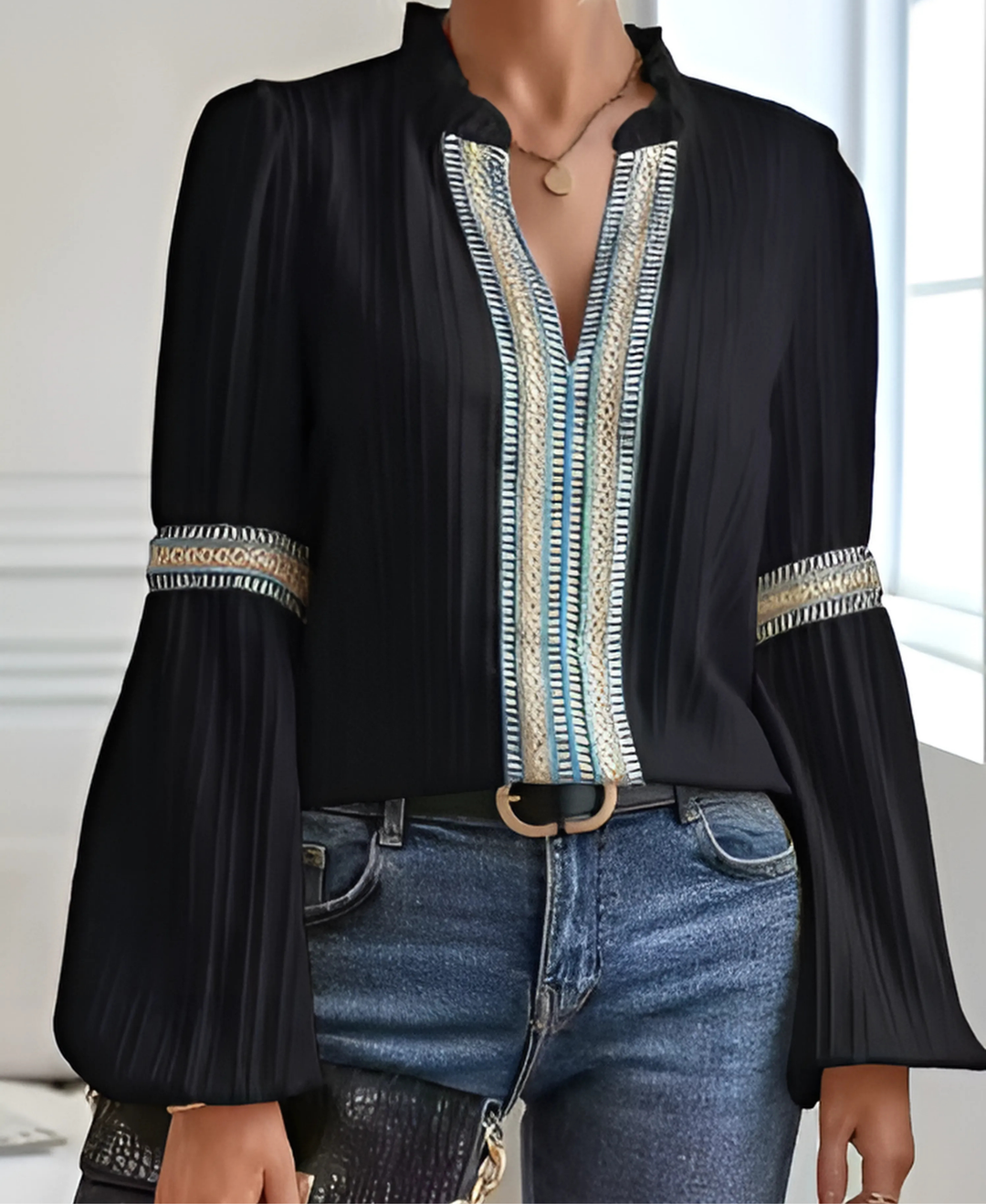 Mia | Embroidered Trim Blouse with Split V-Neck and Long Puff Sleeves