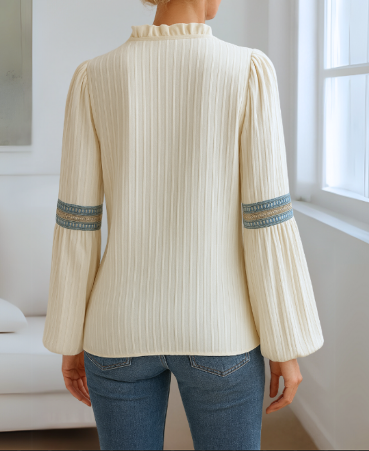 Mia | Embroidered Trim Blouse with Split V-Neck and Long Puff Sleeves
