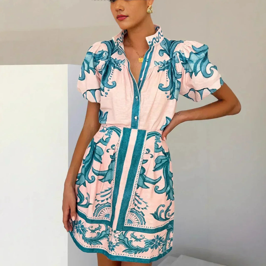 Isla | Mini Shirt Dress with Boho Print and Puff Sleeves