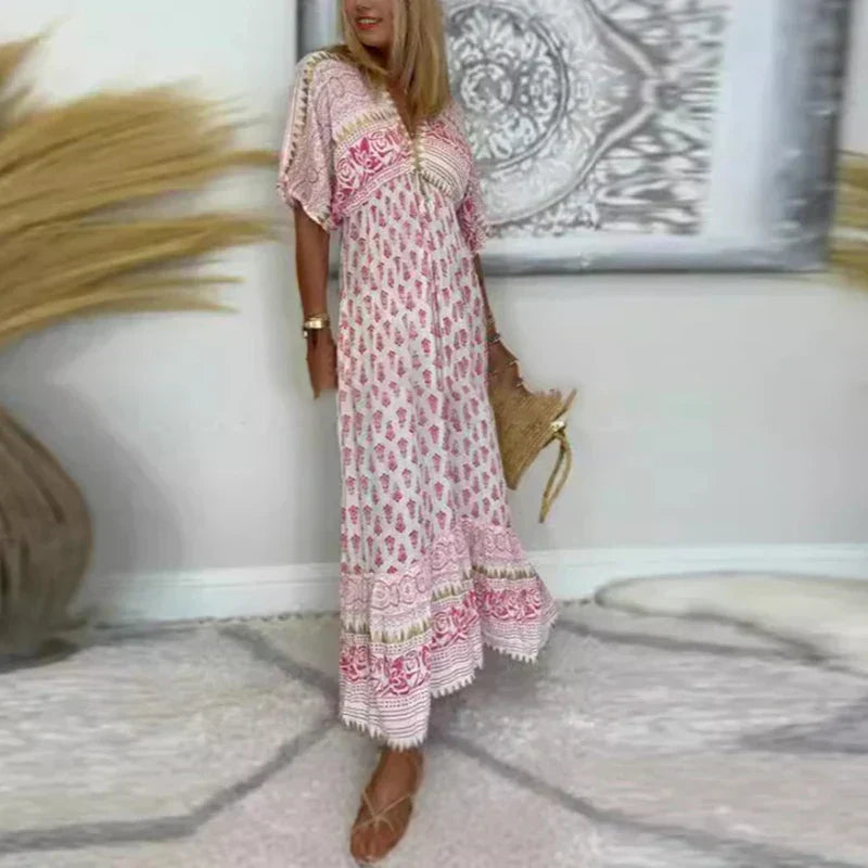 Ava | Maxi Summer Dress with Boho Print and Short Sleeves