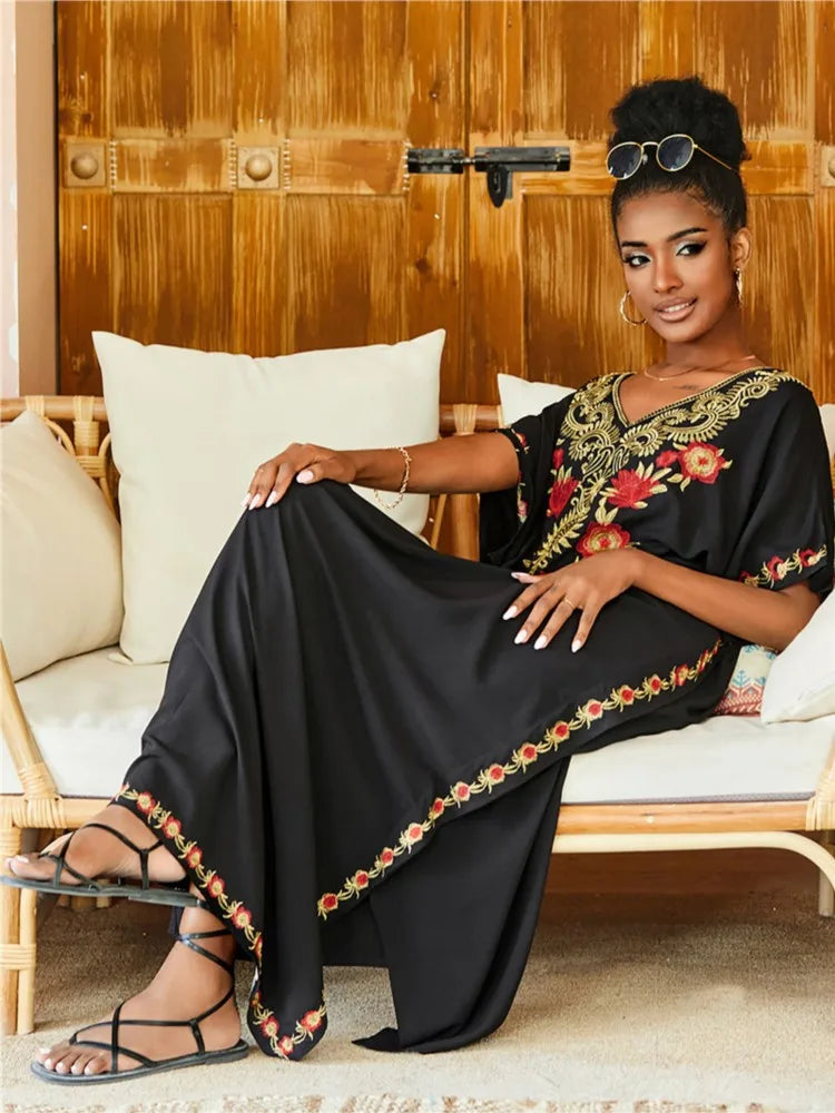 Karen | Maxi Holiday Dress with Embroidered Detail and Batwing Sleeves