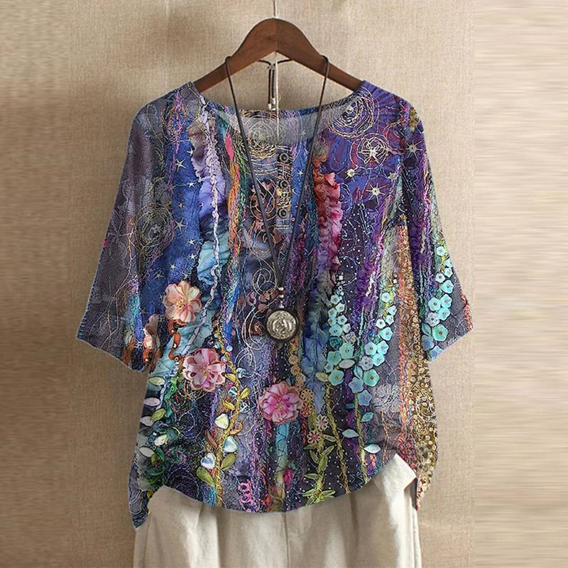 Cleo | Boho Print Top with Short Sleeves and Button Detail