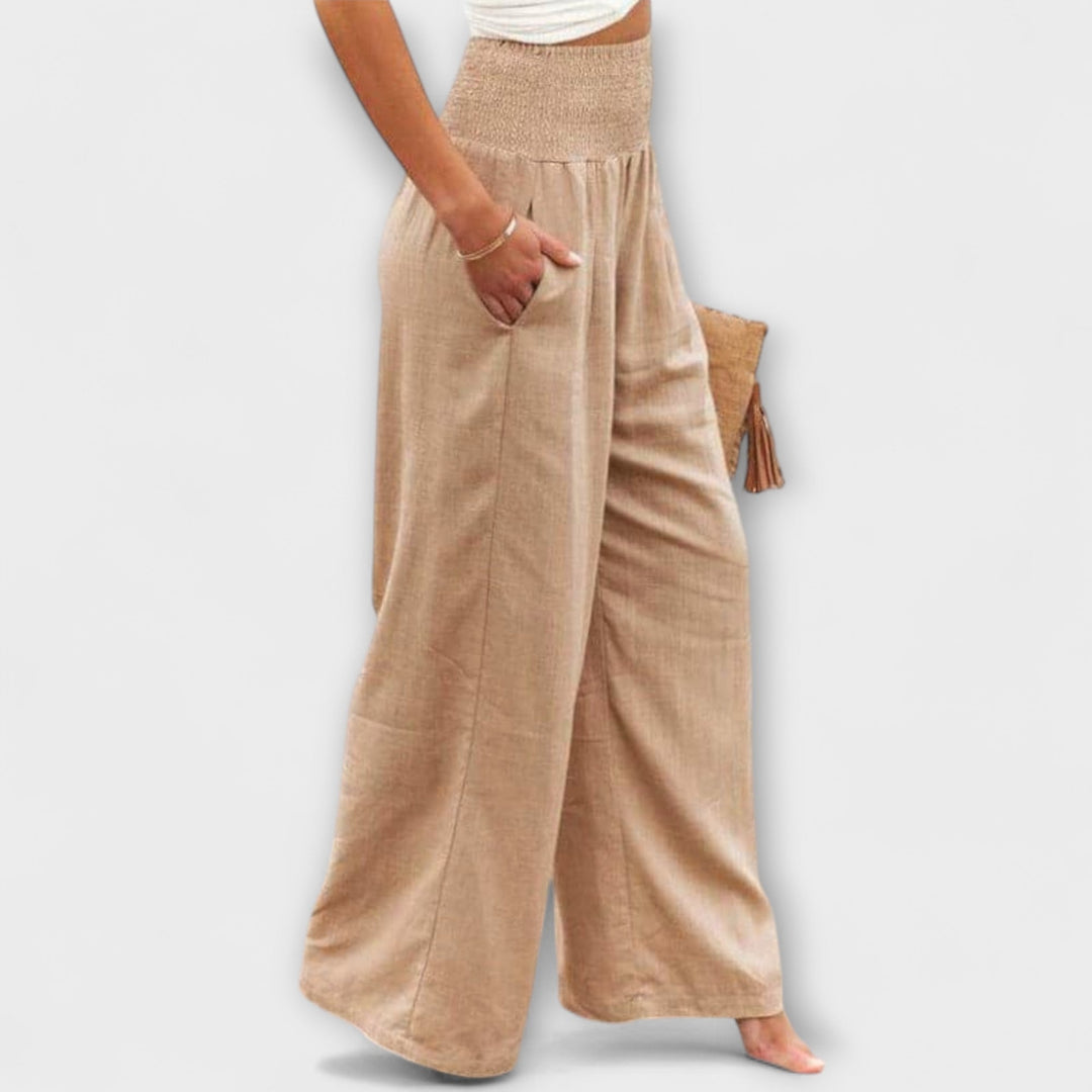 Coral | Wide Leg Trousers with Smocked Waist and Pleated Detail
