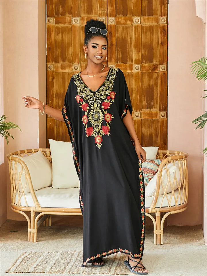 Karen | Maxi Holiday Dress with Embroidered Detail and Batwing Sleeves