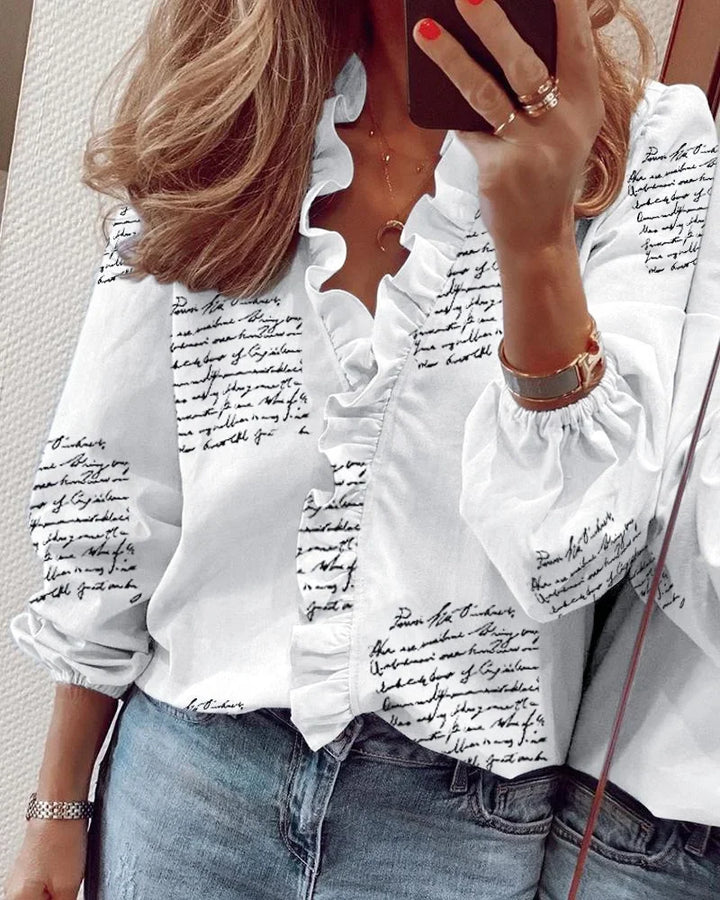 Elsa | Ruffle Trim Blouse with V-Neck and Long Sleeves