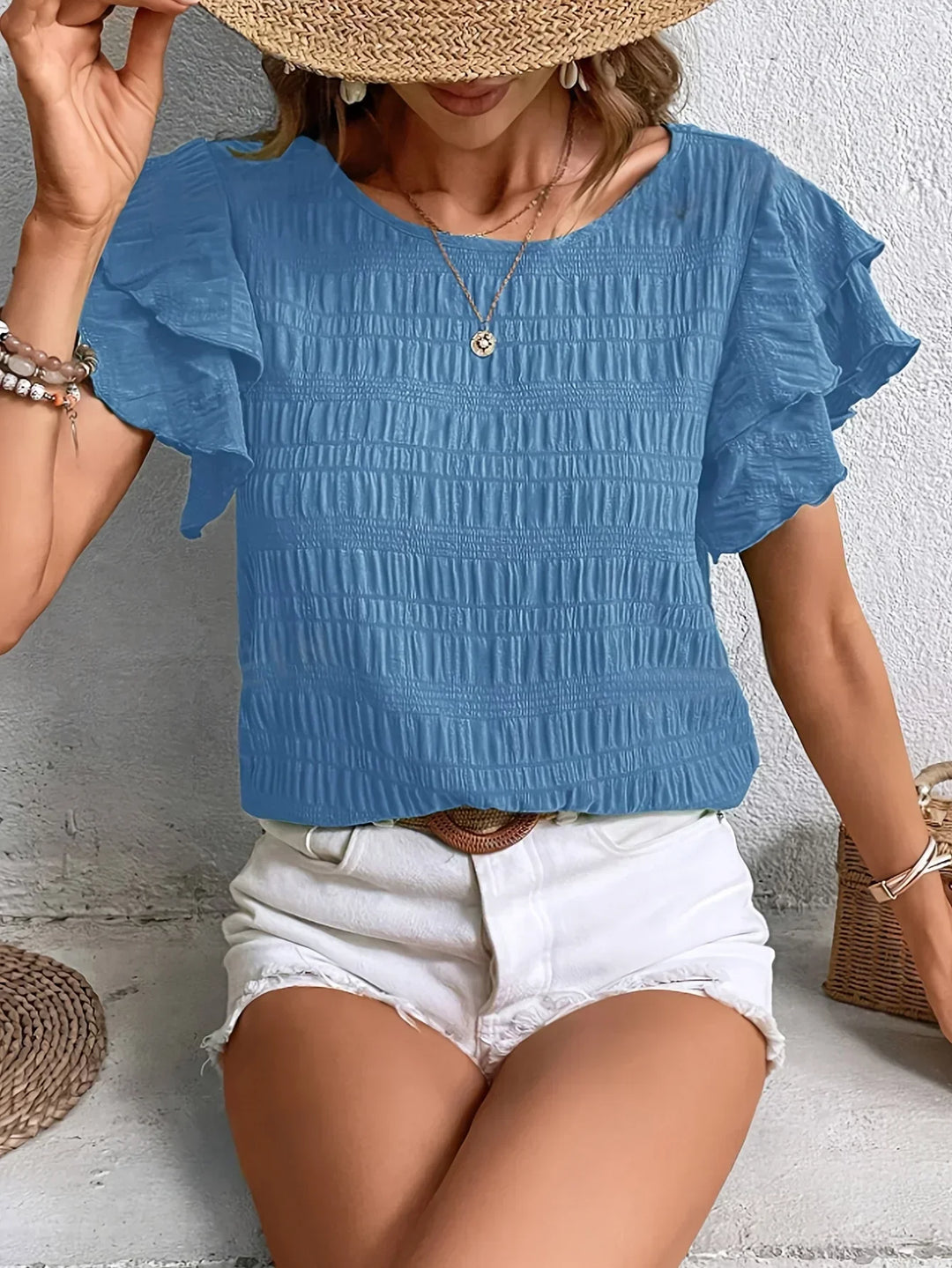 Tess | Smocked Flutter Sleeve Top with Round Neck and Textured Fabric