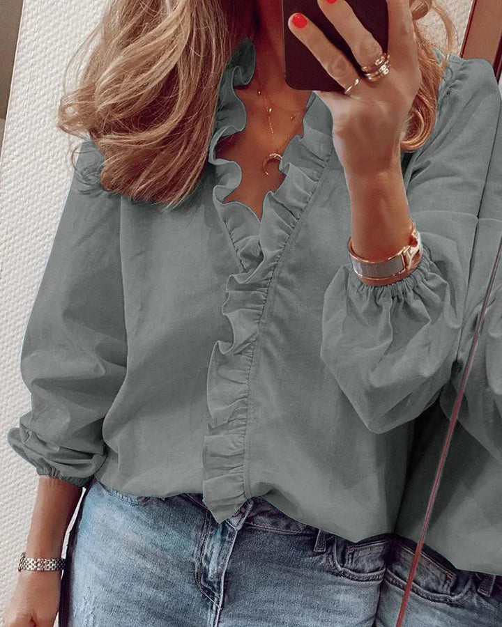 Elsa | Ruffle Trim Blouse with V-Neck and Long Sleeves