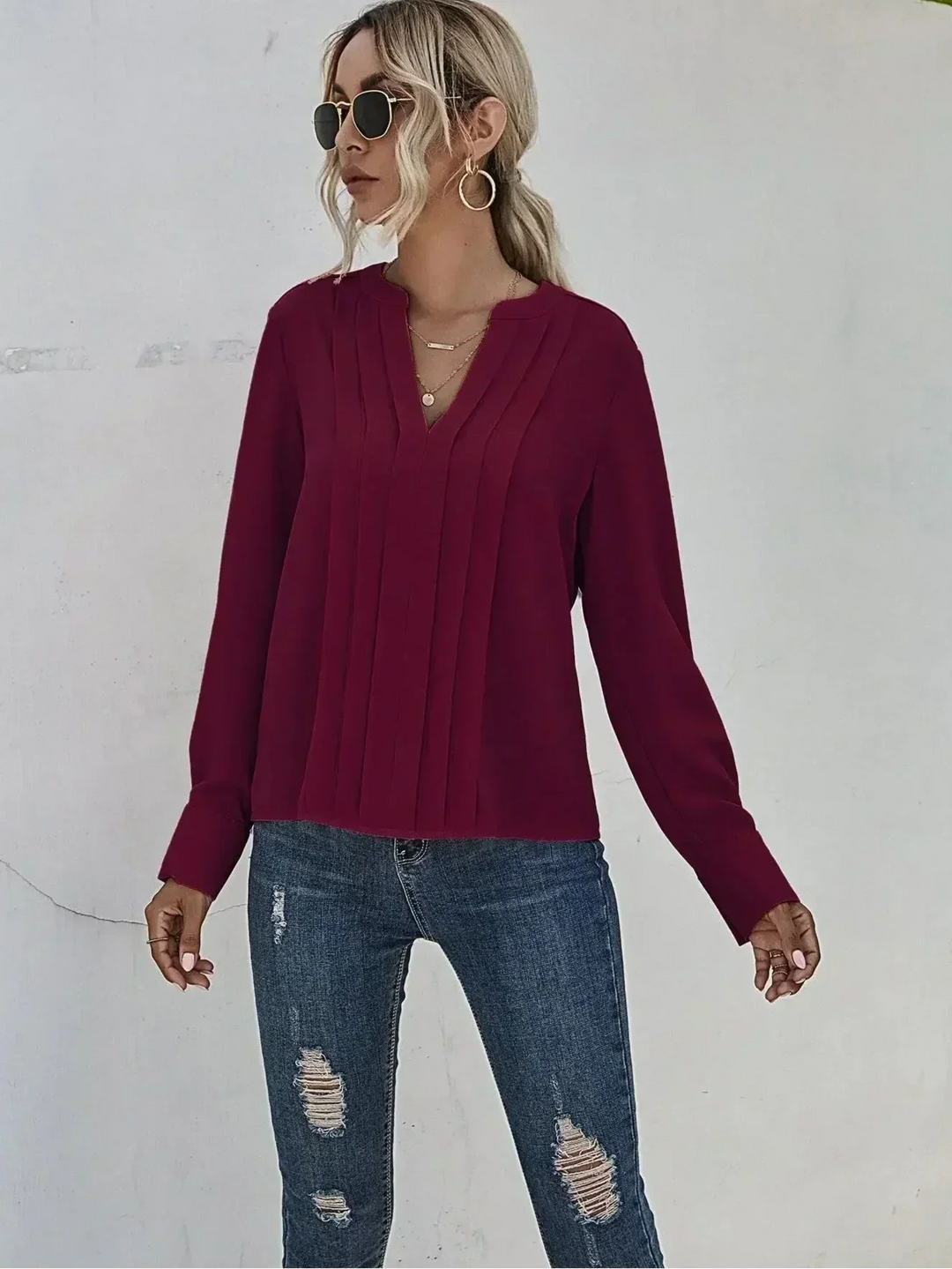 Pia | Pleated Front Blouse with Split V-Neck and Long Sleeves