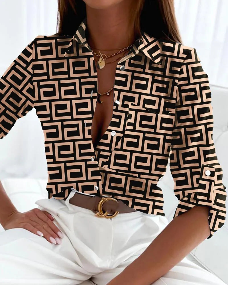 Greta | Abstract Print Blouse with Shirt Collar and Button Front