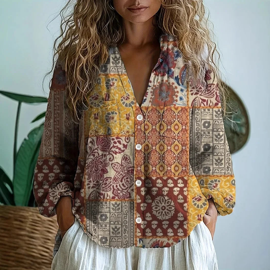 Ferris | Novelty Print Blouse with V Neckline and Button Front