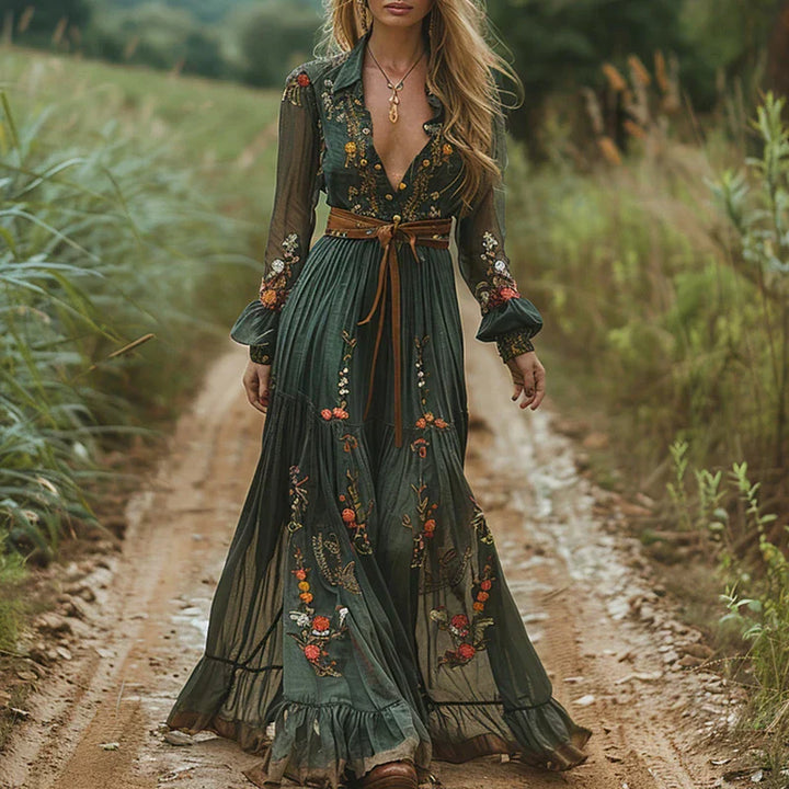 Olivia | Maxi Wedding Guest Dress with Embroidered Detail and V-Neck