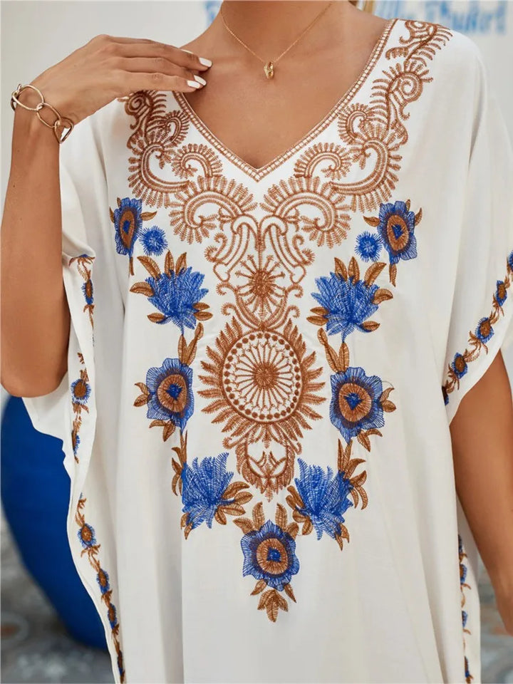 Karen | Maxi Holiday Dress with Embroidered Detail and Batwing Sleeves