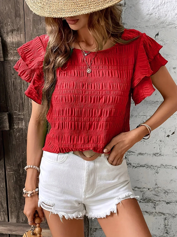 Tess | Smocked Flutter Sleeve Top with Round Neck and Textured Fabric