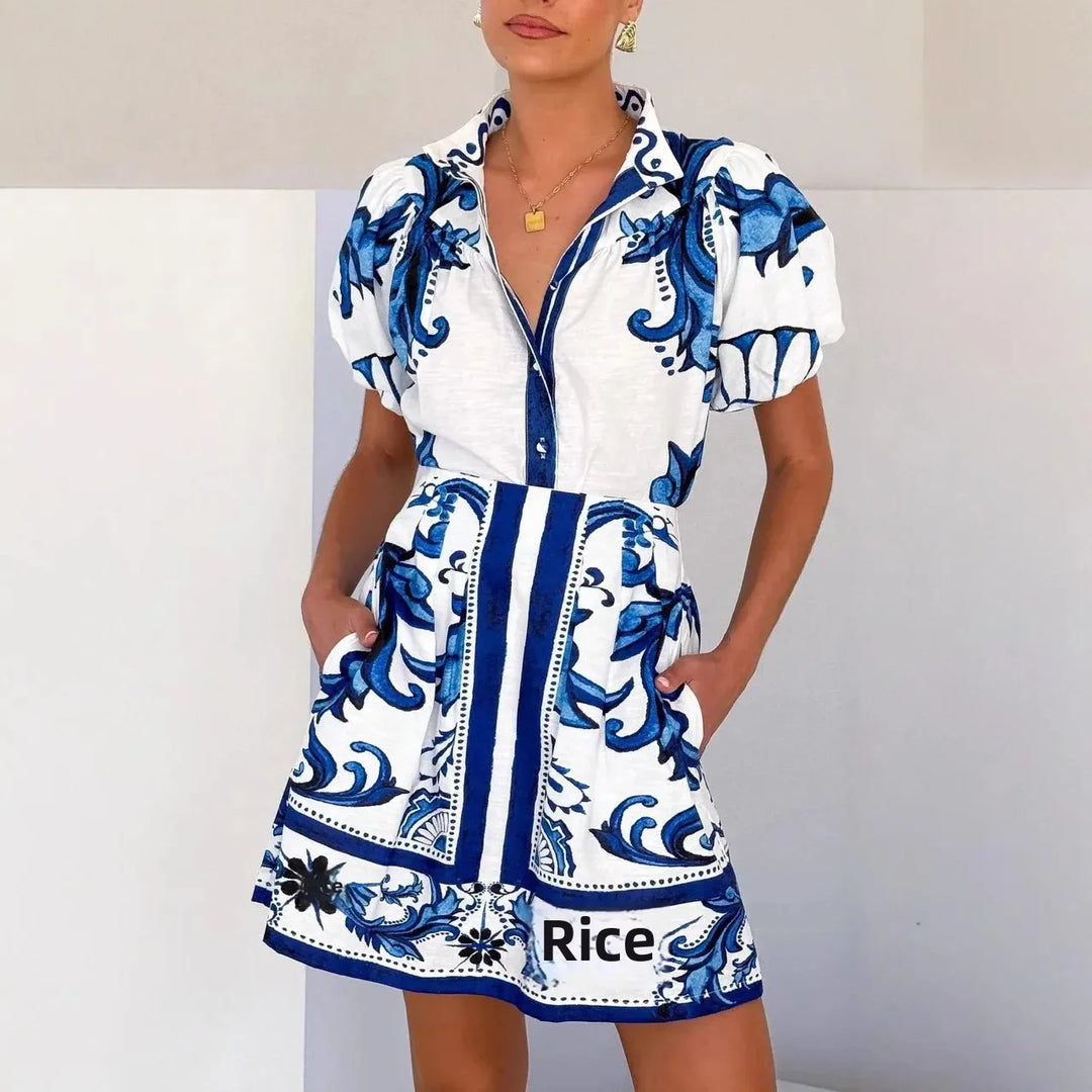Isla | Mini Shirt Dress with Boho Print and Puff Sleeves