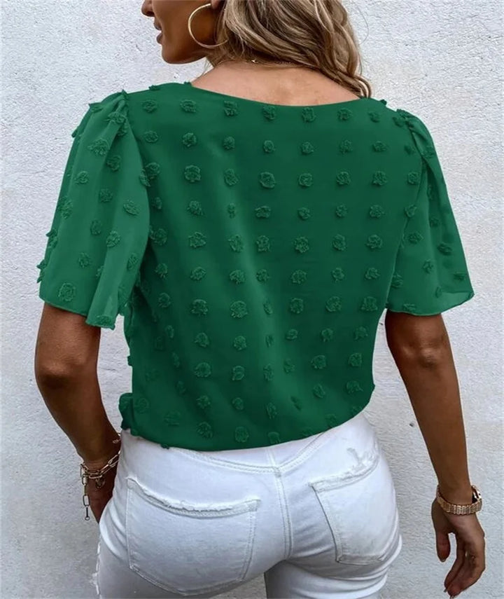 Edie | Textured Blouse with Round Neckline and Tie Waist