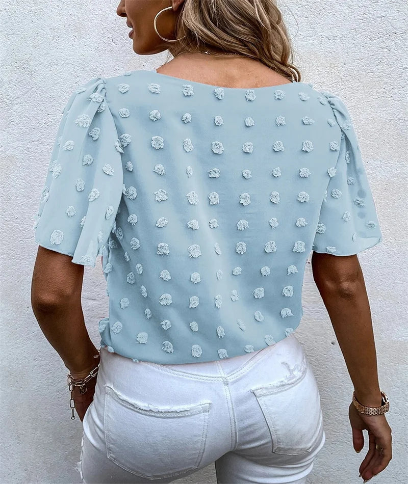 Edie | Textured Blouse with Round Neckline and Tie Waist