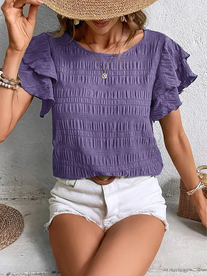 Tess | Smocked Flutter Sleeve Top with Round Neck and Textured Fabric