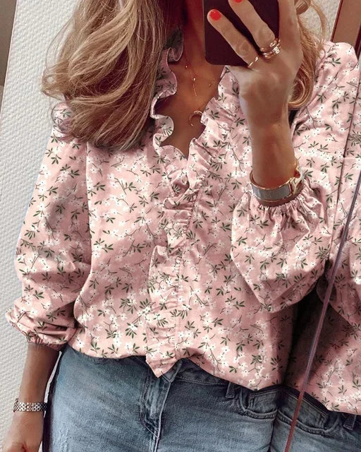 Elsa | Ruffle Trim Blouse with V-Neck and Long Sleeves