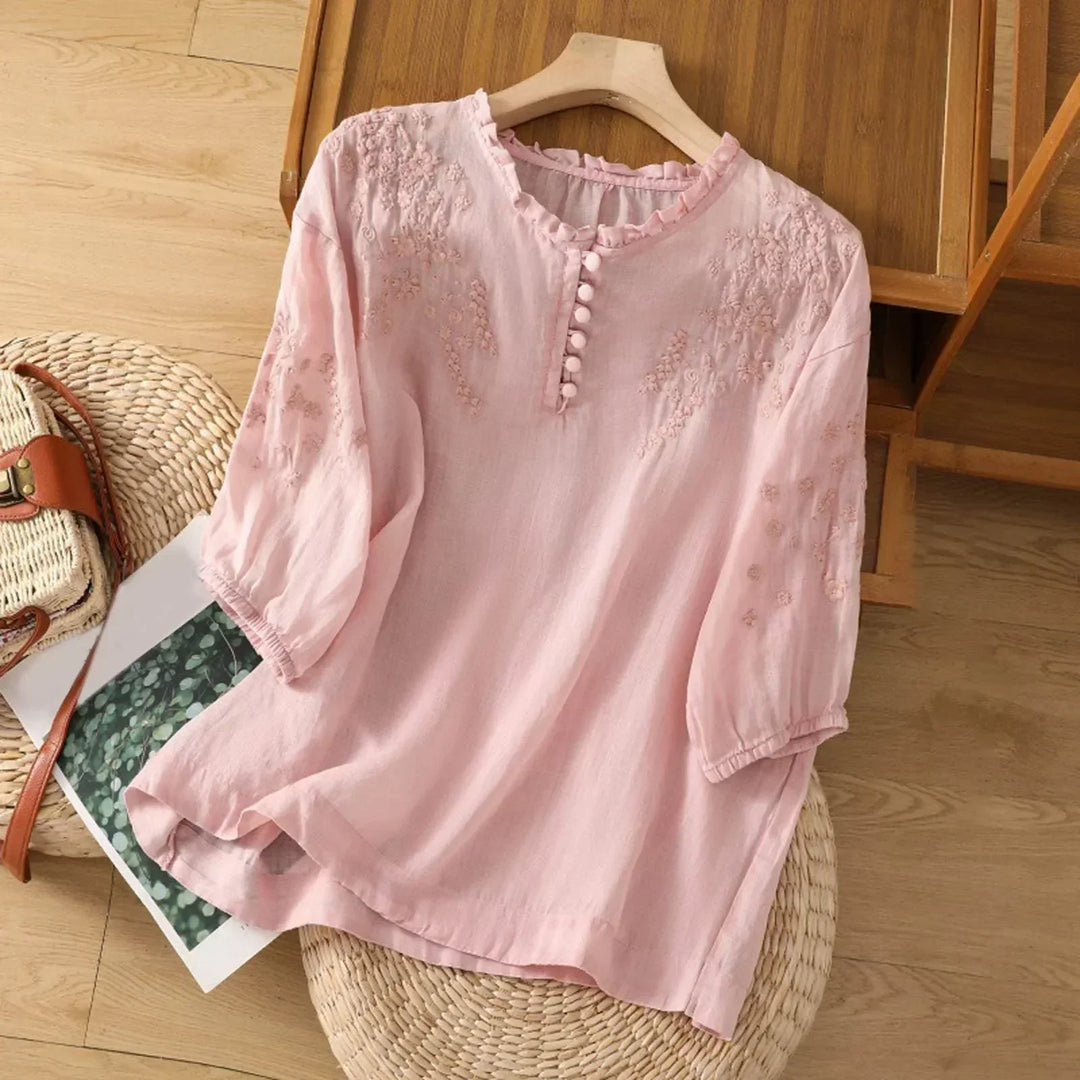 Elsa | Embroidered Blouse with Three Quarter Sleeves and Button Front