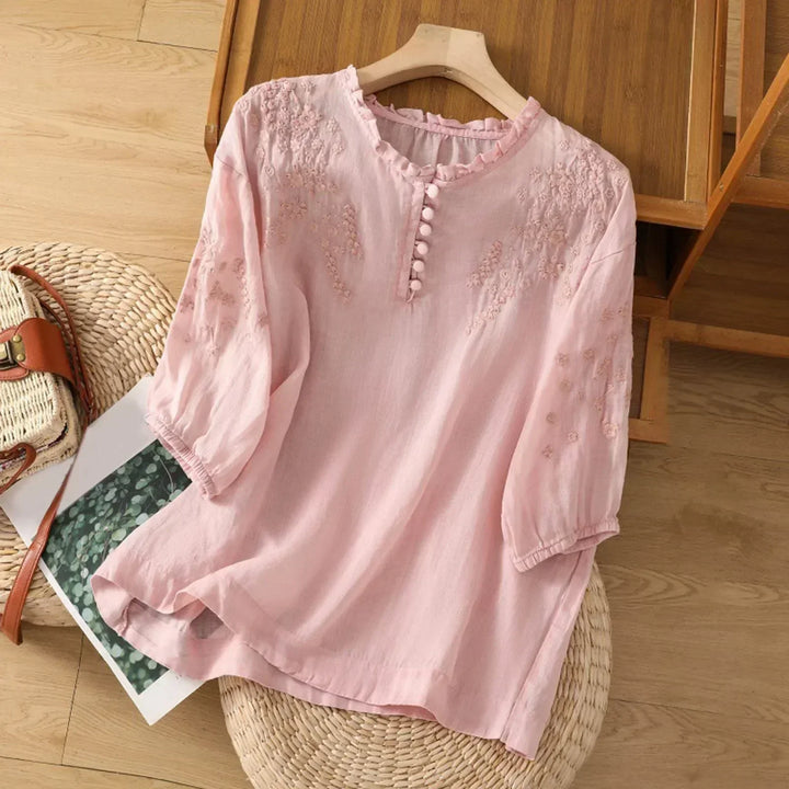 Elsa | Embroidered Blouse with Three Quarter Sleeves and Button Front