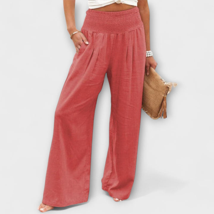 Coral | Wide Leg Trousers with Smocked Waist and Pleated Detail