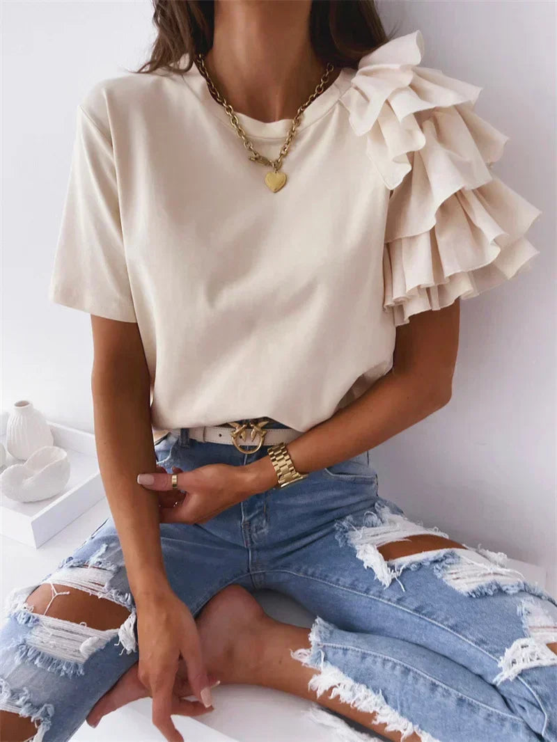 Bea | Tiered Ruffle Sleeve Top with Round Neck and Plain Finish