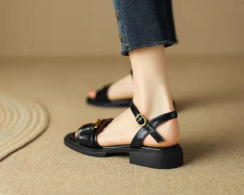 Amara | Orthopedic Flat Sandal with Square Toe and Buckle