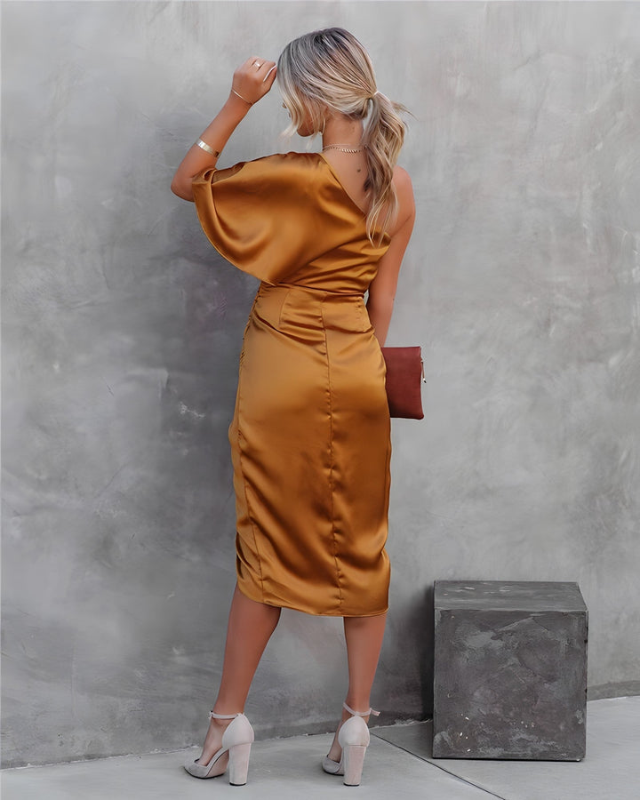 Ava | Midi Wedding Guest Dress with One Shoulder and Draped Bodice