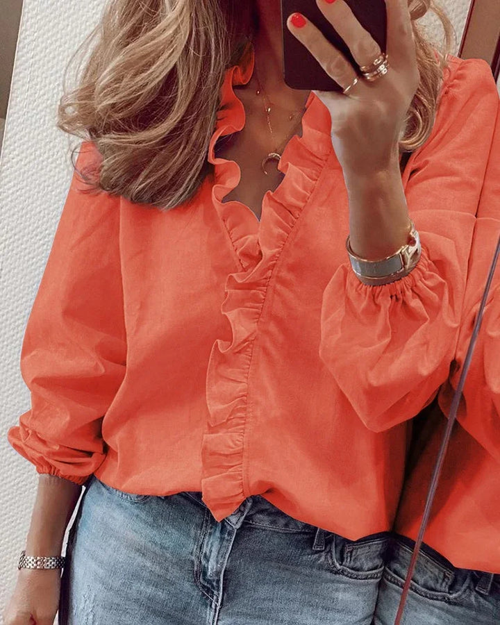 Elsa | Ruffle Trim Blouse with V-Neck and Long Sleeves