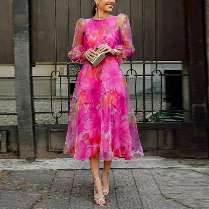 Alexa | Midi Wedding Guest Dress with Floral Print and Puff Sleeves