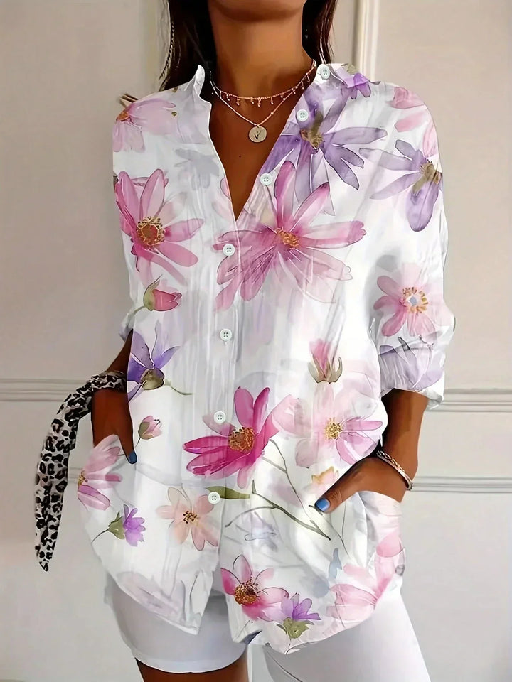 Blossom | Floral Print Blouse with Shirt Collar and Button Front
