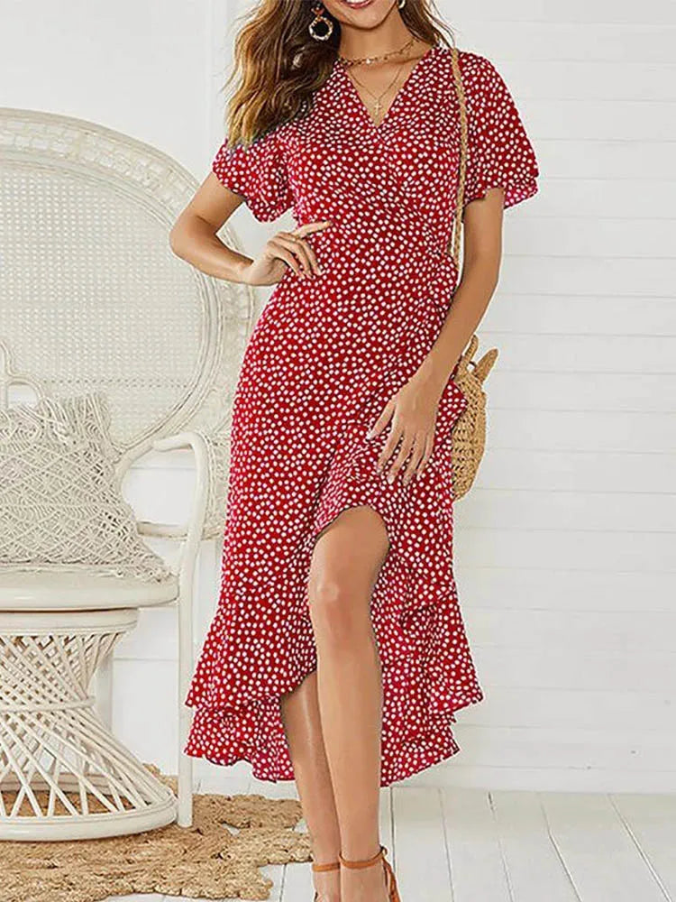 Una | Midi Summer Dress with Floral Print and Wrap Front