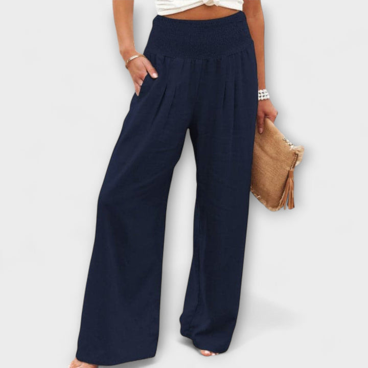 Coral | Wide Leg Trousers with Smocked Waist and Pleated Detail