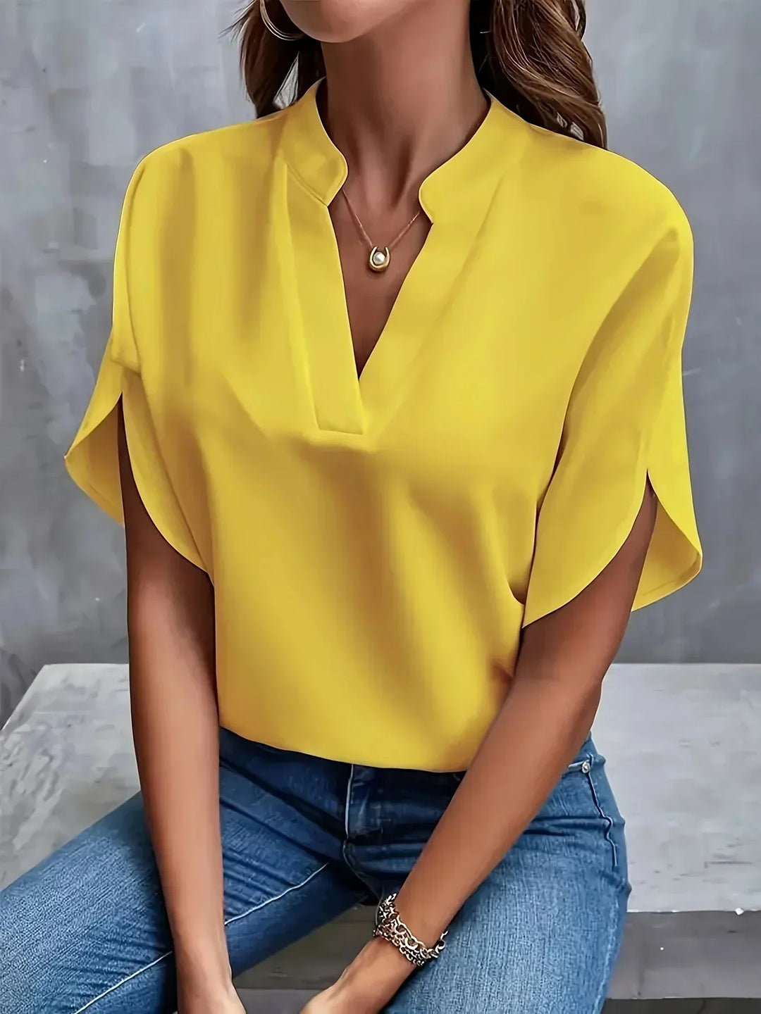 Leah | Flutter Sleeve Blouse with Split V-Neck and Plain Finish