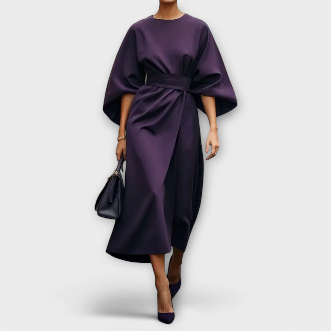 Sonia | Midi Cocktail Dress with Kimono Sleeves and Belted Waist