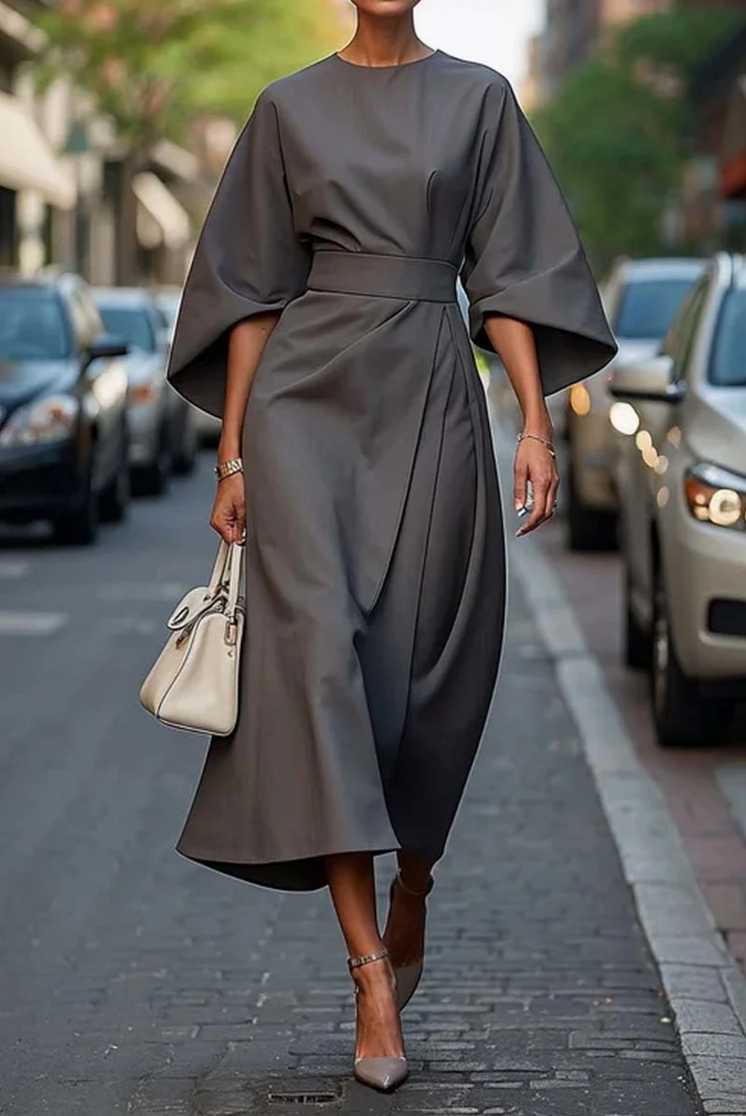 Grace | Midi Cocktail Dress with Lantern Sleeves and Belted Waist