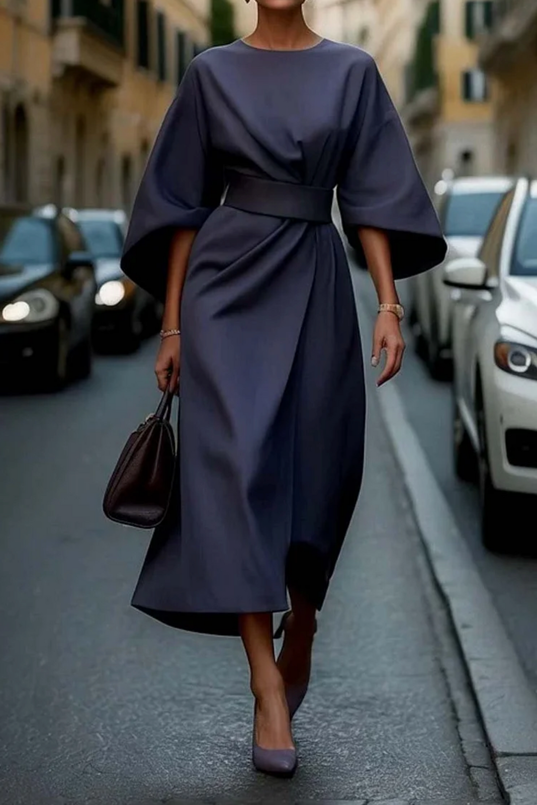 Grace | Midi Cocktail Dress with Lantern Sleeves and Belted Waist