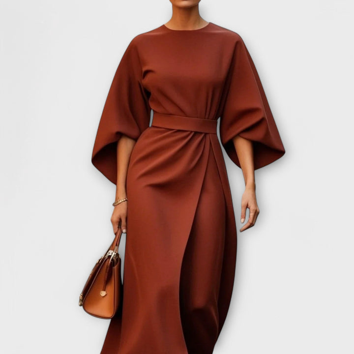 Sonia | Midi Cocktail Dress with Kimono Sleeves and Belted Waist