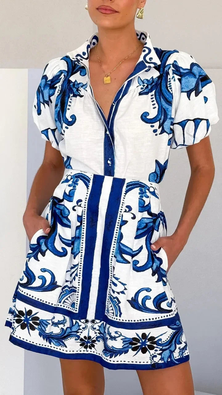 Isla | Mini Shirt Dress with Boho Print and Puff Sleeves