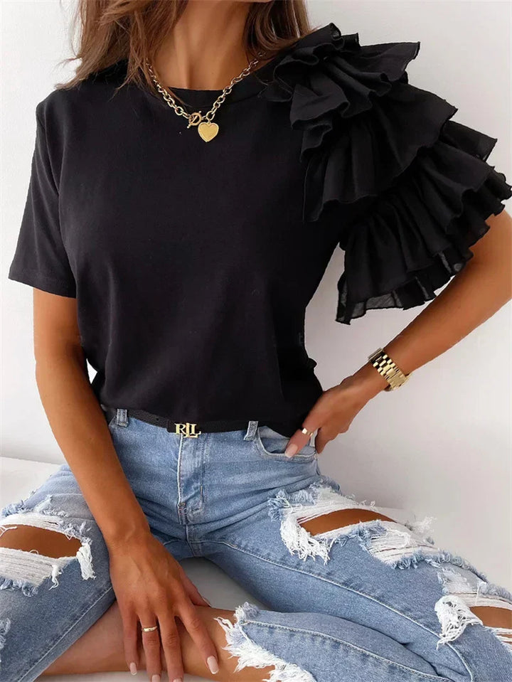 Bea | Tiered Ruffle Sleeve Top with Round Neck and Plain Finish