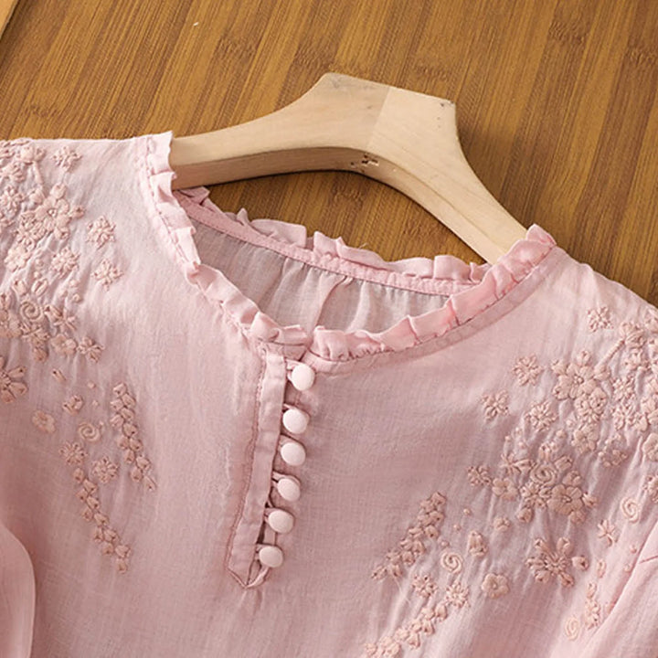 Elsa | Embroidered Blouse with Three Quarter Sleeves and Button Front