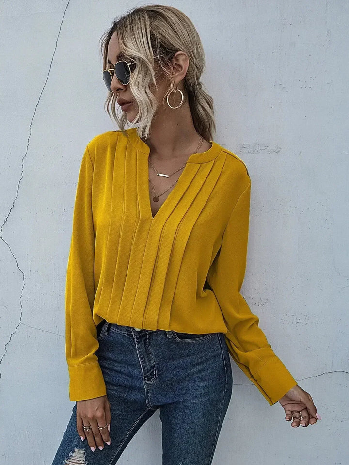 Pia | Pleated Front Blouse with Split V-Neck and Long Sleeves