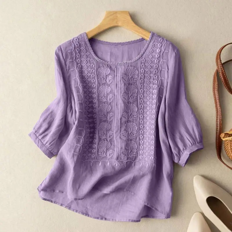 Vera | Embroidered Blouse with Round Neckline and Three Quarter Sleeves