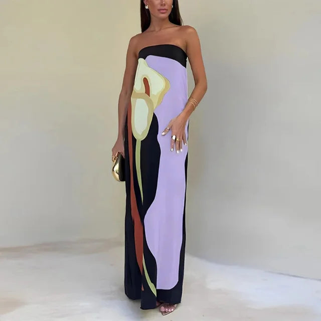Helen | Maxi Wedding Guest Dress with Strapless Bodice and Abstract Print
