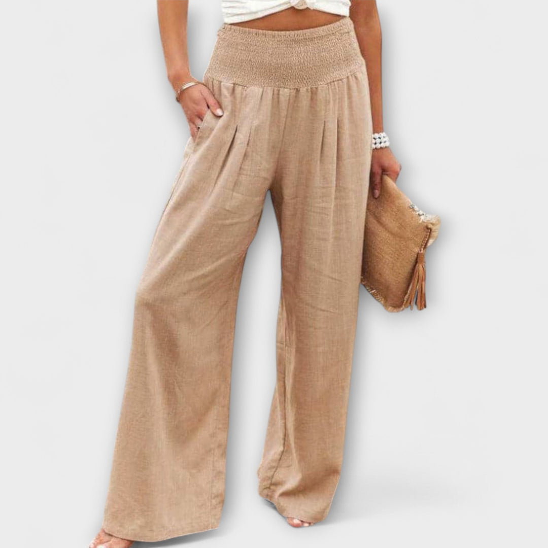 Coral | Wide Leg Trousers with Smocked Waist and Pleated Detail
