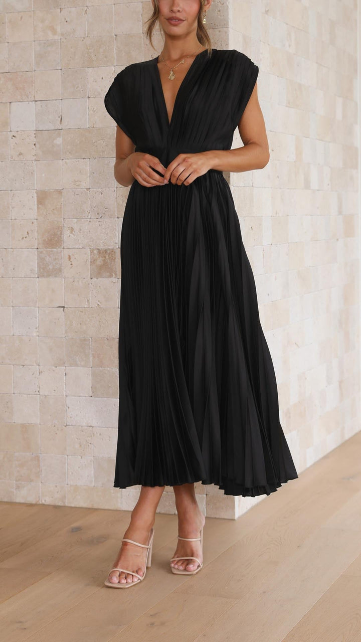Stella | Midi Wedding Guest Dress with Pleated Skirt and V-Neck