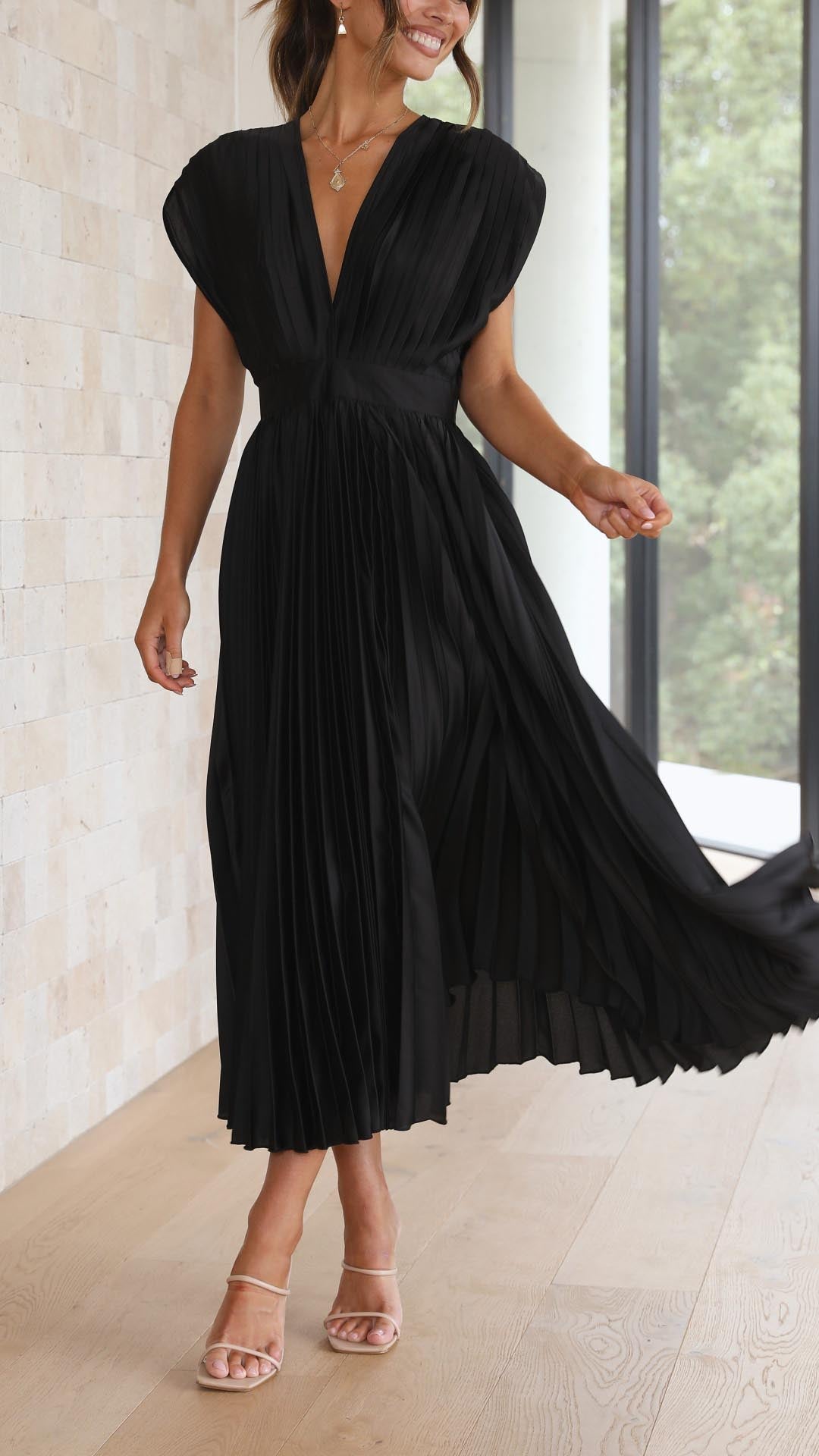 Stella | Midi Wedding Guest Dress with Pleated Skirt and V-Neck