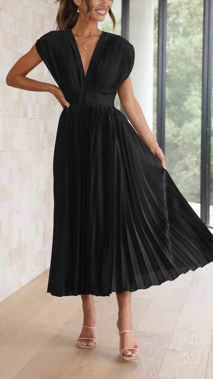Stella | Midi Wedding Guest Dress with Pleated Skirt and V-Neck