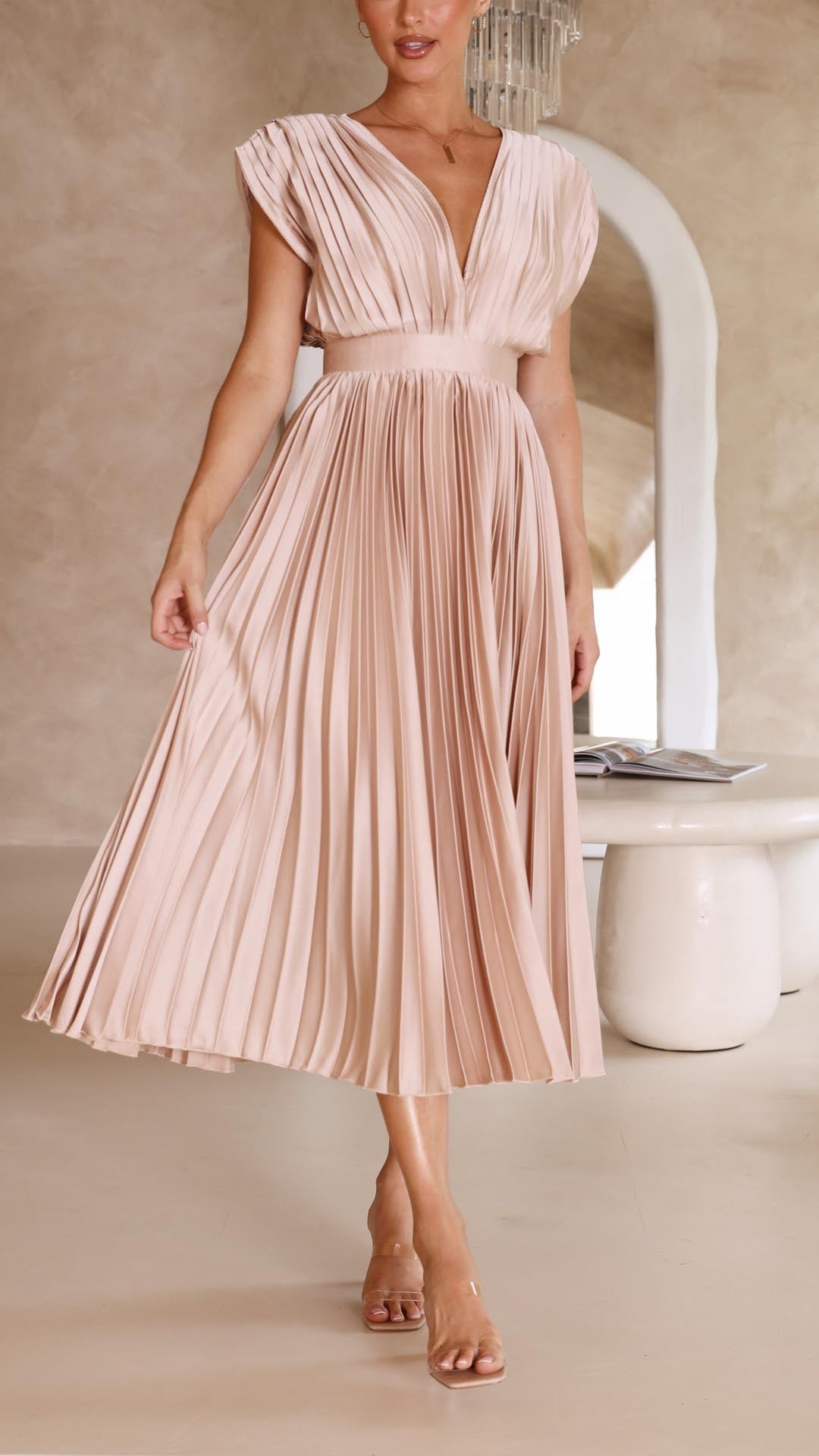 Stella | Midi Wedding Guest Dress with Pleated Skirt and V-Neck