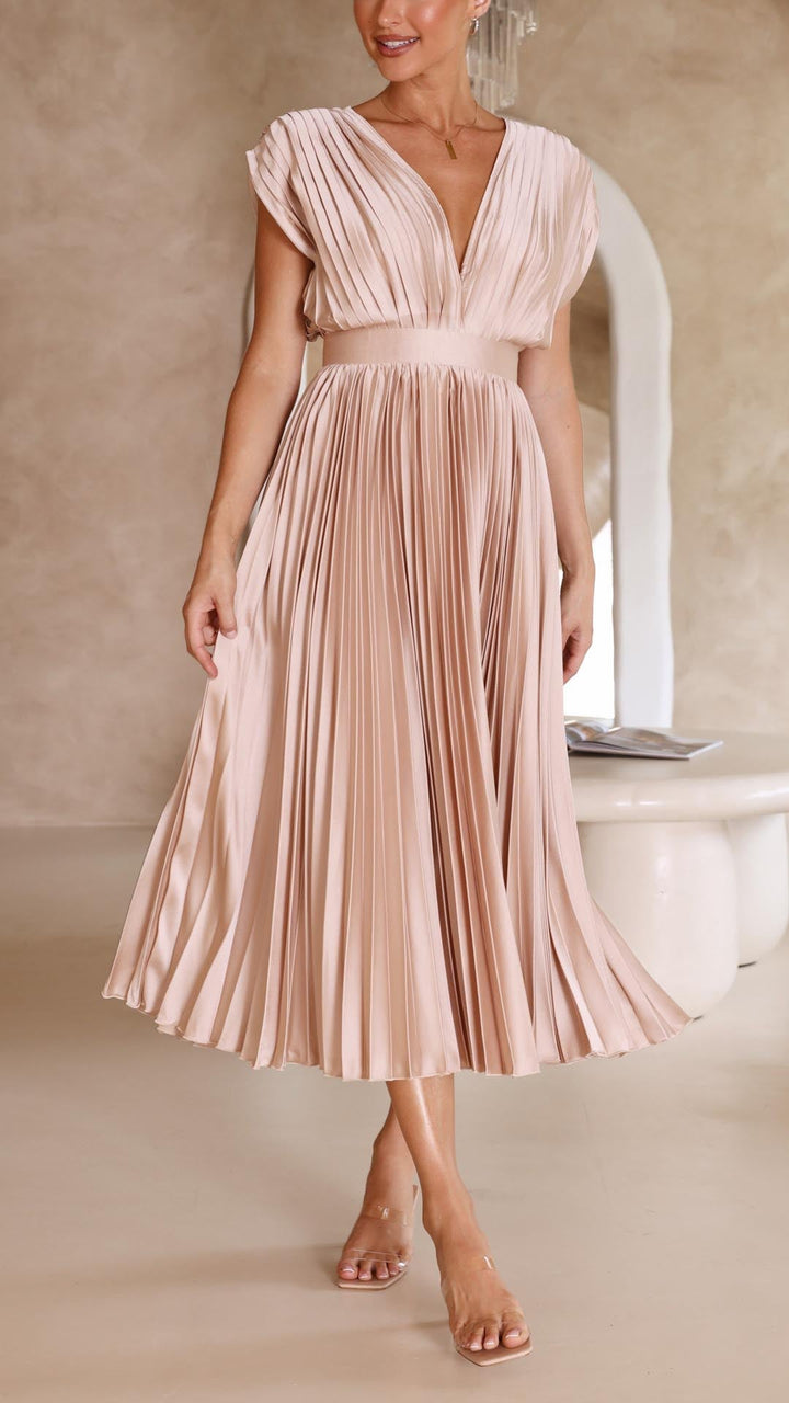 Stella | Midi Wedding Guest Dress with Pleated Skirt and V-Neck